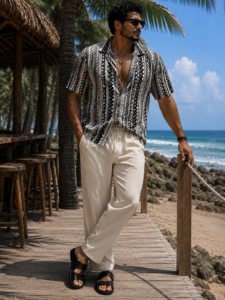 camisa tejida y pantalón de lino