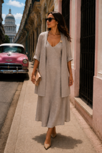 vestido y sobretodo de lino